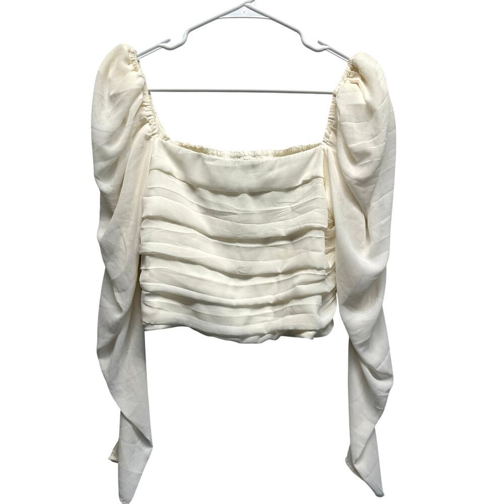 Abercrombie & Fitch White Ruched Puff Sleeve Crop Blouse L Romantic Peasant Top